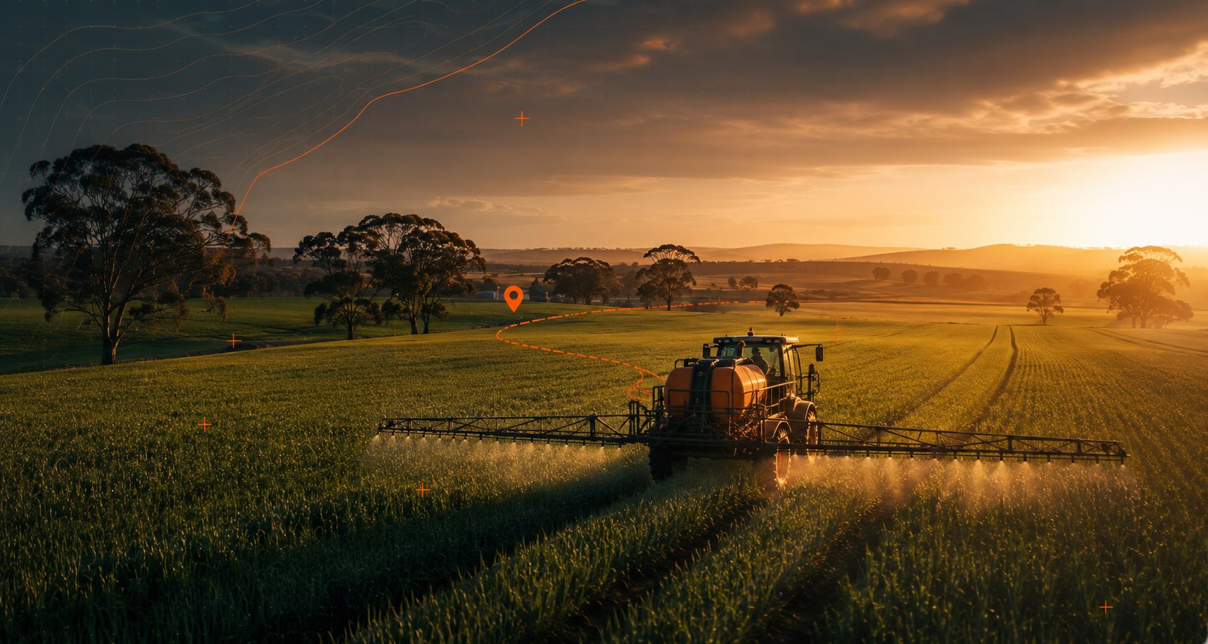 A spray rig working a paddock at dusk, its GPS coverage traced live